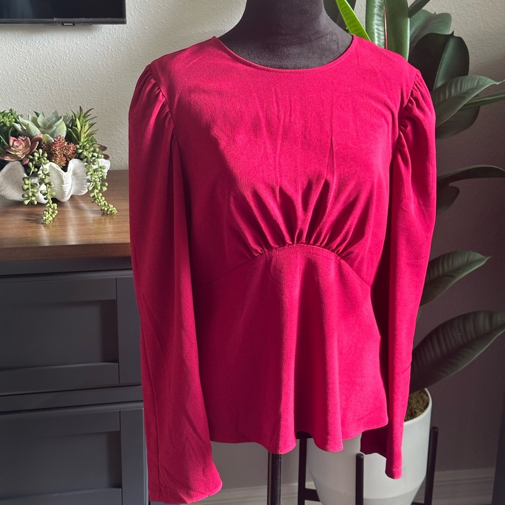 Express Raspberry Puff Sleeve Keyhole Back Blouse - Picture 6 of 6